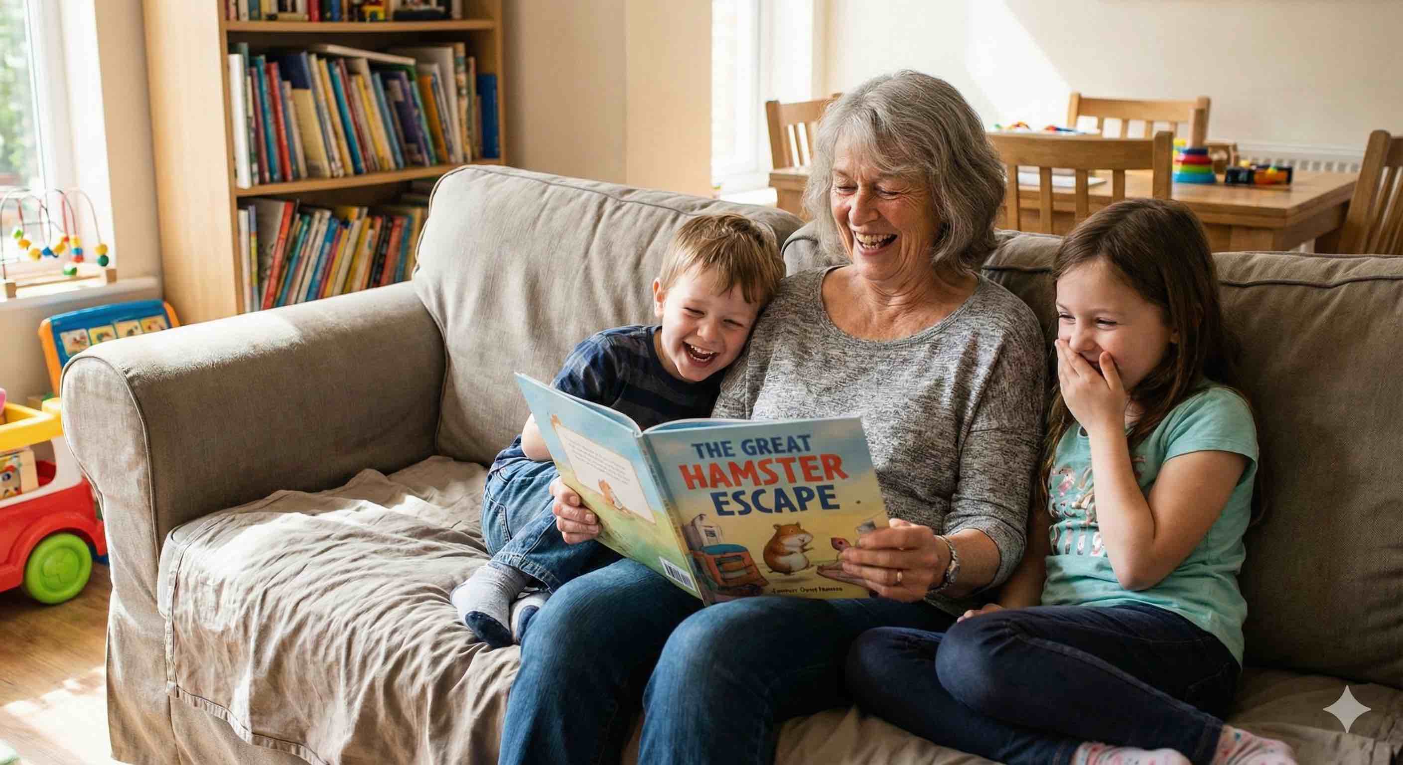 A grandmother reading and sharing a joyful moment with her grandchildren