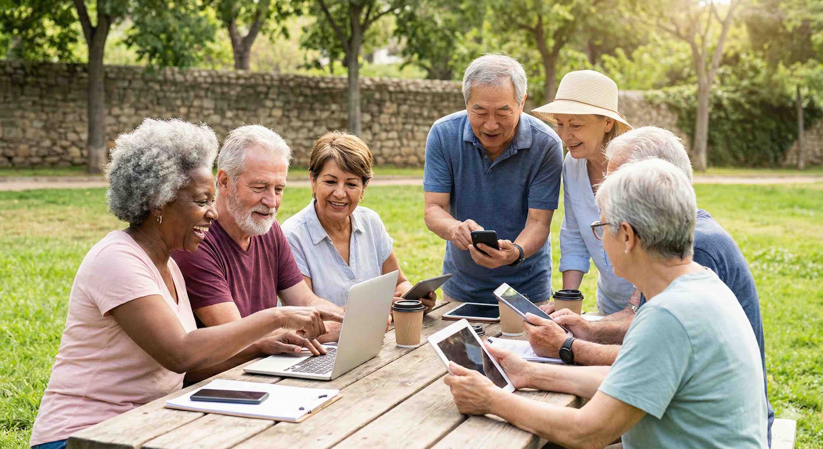 A diverse group of mature adults enjoying technology together outdoors