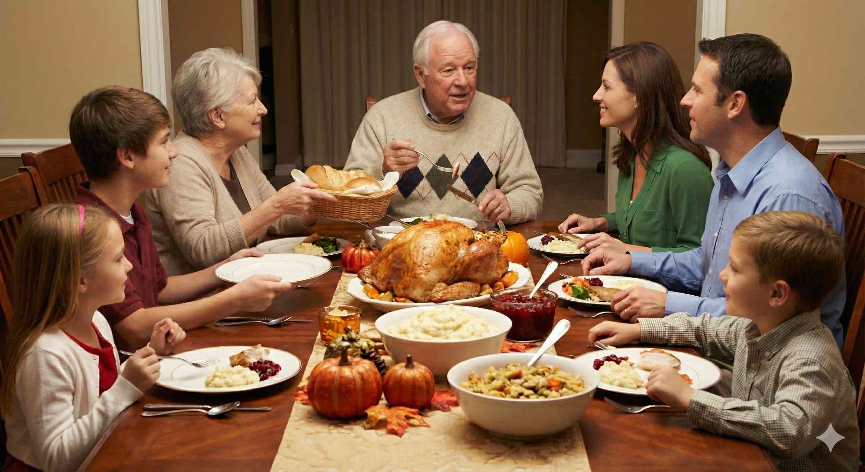 A multigenerational family sharing a meal together